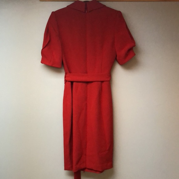 Badgley Mischka Sz 6 red cherry color knee-length dress w/ collar & belt v-neck - Picture 6 of 10